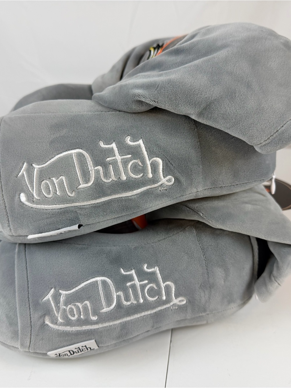 Von Dutch Gray Hooded Memory Foam Travel Neck Pillows (2) NWT